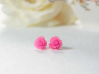 Single Bloom Rose Stud Earrings in Frosted Hot Pink